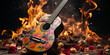 Akustik Gitarre im Hippi Stil mit abstrakten feurigen Hintergrund in Querformat für Banner, ai, generativ