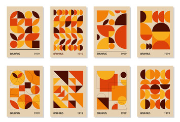 Wall Mural - Set of 8 minimal autumn orange colors vintage 20s geometric design posters, wall art, template, layout with primitive shapes elements. Bauhaus pattern background, circle, triangle and square line art