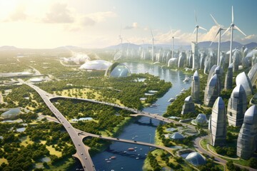 Poster - aerial view of the city with windmills and wind turbines, aerial view of a sustainable city with sol