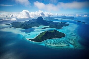 Canvas Print - Aerial view of a tropical island at Seychelles. Aerial View of Bora Bora Island and Lagoon, AI Generated