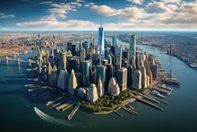 Chicago Skyline With Skyscrapers And River. USA. 3d Rendering, Aerial View Of Lower Manhattan New York City, AI Generated