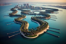 Aerial Panoramic View Of Dubai Marina At Sunset, United Arab Emirates, Aerial View Of Palm Island In Dubai, AI Generated