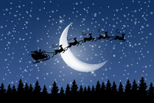 Night Sky With Santa Claus Flying In Sleigh With Reindeer. Silhouette Of Santa Flying Over In Front Of Crescent Moon Vector Illustration. Christmas, Winter Holiday, Fantasy Concept