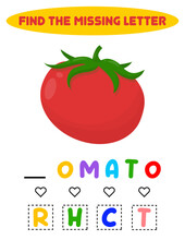 Find The Missing Letter. Tomato. Educational Sheet For Children
