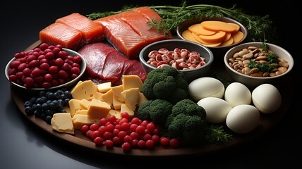 Wall Mural - composition of delicious food and ingredients on table