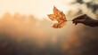 Autumn mental health. Embracing Change: person releasing Autumn falling leaf into the wind, signifying letting go and embracing transitions