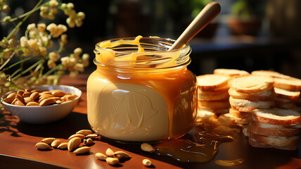 Wall Mural - healthy breakfast with yogurt and granola in glass jar on wooden table