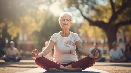 healthy elderly woman doing practices outdoor yoga class in city park, relaxing body and mind. menta