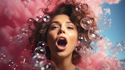 Wall Mural - young woman blowing bubble in the air