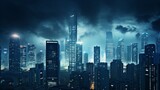 Fototapeta Miasto - Modern skyscrapers illuminate night city vanishing into dark
