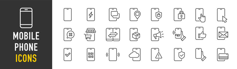 Poster - mobile phone web icons in line style. smartphone, electronics, app, device, technology, collection. 