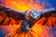 Eagle in the sky, lightning thunder concept illustration. Fierce, ambitious, hunting birds of prey, beautiful wild beasts. Oil paintings with dynamic and abstract expression. Made with Generative AI