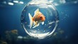 Illustration of a goldfish in a bubble floating in water