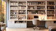 Home offices with glossy white surfaces and wooden file cabinets,