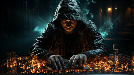 Wall Mural - hacker in hoodie and hoodie in a cyber attack