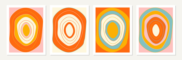 Leinwandbilder - Minimalist geometric poster design. Mid century modern Bauhaus style inspired artwork. Vector abstract art set with circles in pastel pink, yellow, blue, orange and off white.