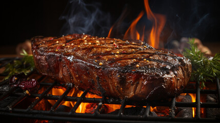 Wall Mural - tasty steak with spices and fire on a barbecue