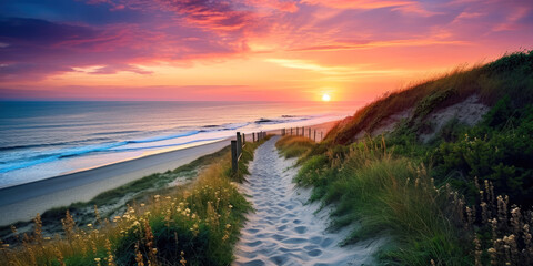 Path at Atlantic Ocean over sand dunes with ocean view at sunset. Generative A