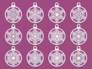 Poster - Set of laser cut Christmas balls with snowflake cutout of paper Sample Template for Christmas card, invitation for Christmas party For laser or plotter cutting printing serigraphy