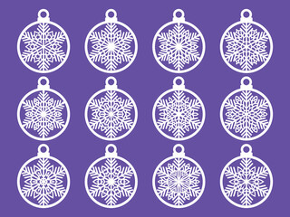 Wall Mural - Set of laser cut Christmas balls with snowflake cutout of paper Sample Template for Christmas card, invitation for Christmas party For laser or plotter cutting printing serigraphy