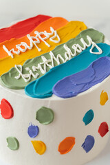 Canvas Print - Birthday cake with white cream cheese frosting decorated with rainbow colored butter cream smears and happy birthday text on top. White background