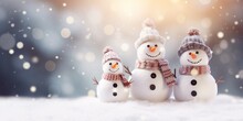 Adorable And Happy Snowman Family On Christmas Snowy Background, Get Together And Celebrating Holiday Seasons, With Copy Space, Idea For Greeting Cards And Posters.