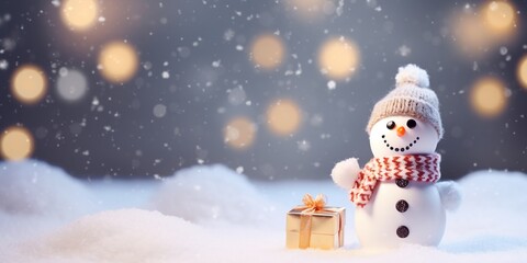 Wall Mural - Christmas winter background with snowman in snow and blurred bokeh background.Merry Christmas and happy new year greeting card with copy space.