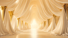 Close Perspective Of White Curtains With Gold Threads