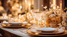 Macro View Of White And Gold Table Settings,