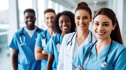 Team of young doctors coordinating patient care in a hospital. Medical center wallpaper, happy doctor in uniform.