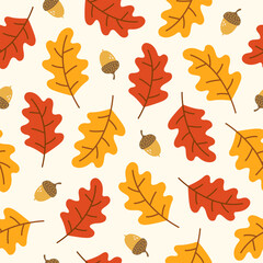 seamless pattern with acorns and autumn oak leaves in red and yellow. perfect for wallpaper, gift pa