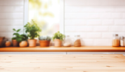 Wall Mural - Empty wooden table in front of blurred kitchen interior background. Product placement background for mockups.