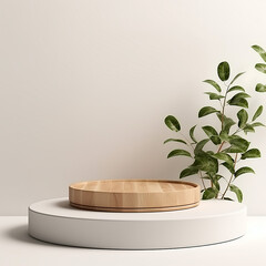 Cylinder wood podium in white background with leaves. product presentation, show cosmetic product, Podium, stage pedestal or platform. Made with generative ai