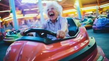 Elderly Woman Driving A Bumper Car At The Funfair Generative AI