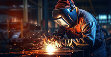 Worker Or Welder In Metallurgical Industry Performing Welding In Suit And Mask