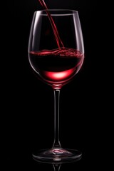 Wall Mural - Pouring red wine into glass isolated on black background. Wineglasses. Romantic drink for party, wine shop or wine tasting concept. Hard light. Copy space