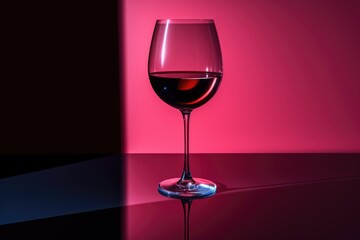 Wall Mural - Red wine in a glass on dark pink and black neon background. Wineglasses. Romantic drink for party, wine shop or wine tasting concept. Hard light. Copy space