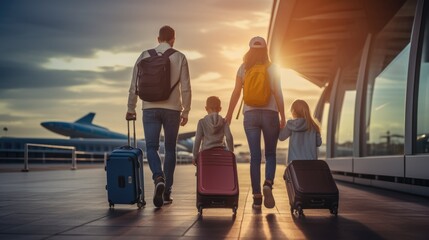 happy family ready to their journey. airport terminal. generative ai