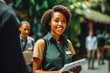 © VisualProduction - Young black female tour guide doing her job.