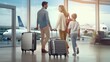 Leinwandbild Motiv Happy family ready to their journey. Airport terminal. Generative AI