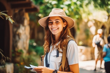 young caucasian female tour guide doing her job.