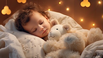 a sleeping child on a bed, surrounded by cuddly soft toys, in a light-colored, serene interior. The scene radiates the innocence and tranquility of childhood.