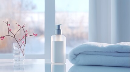 Wall Mural - a soap dispenser, spa towel, and other bathroom accessories meticulously arranged on a pristine pastel countertop within a minimalist, white bathroom. The scene exudes the tranquility of a spa retreat