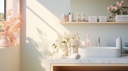 Wall Mural - a soap dispenser, spa towel, and other bathroom accessories meticulously arranged on a pristine pastel countertop within a minimalist, white bathroom. The scene exudes the tranquility of a spa retreat