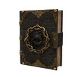 Ancient magic spell book Grimoire with an eye set in the cover. Isolated 3D rendering.