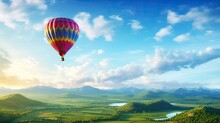A Colorful Hot Air Balloon Gracefully Floating Over A Picturesque Field With A Radiant Blue Sky As The Backdrop. The Scene Embodies The Thrill Of A Hot Air Balloon Ride.