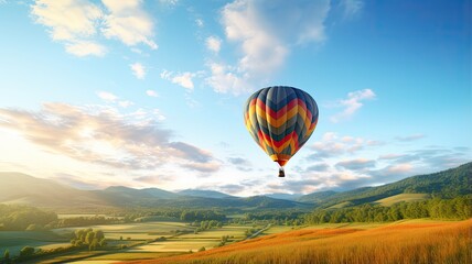 a colorful hot air balloon gracefully floating over a picturesque field with a radiant blue sky as t