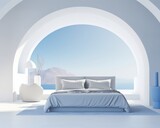 Fototapeta Uliczki - A tranquil bedroom with a plush bed, adorned with plush linens and pillows, overlooks the beautiful and vast ocean, creating a luxurious and peaceful atmosphere that allows you to relax and drift awa