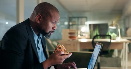 Canvas Print - Pizza, night and professional black man on a laptop in the office doing research for a financial project deadline. Fast food, technology and African male accountant eating a dinner meal and working.