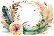 Watercolor floral boho illustration - wreath with colorful green leaves  feather %26 vivid flowers  for wedding stationary  greetings  wallpapers  fashion  backgrounds  textures  DIY  wrappers  cards.